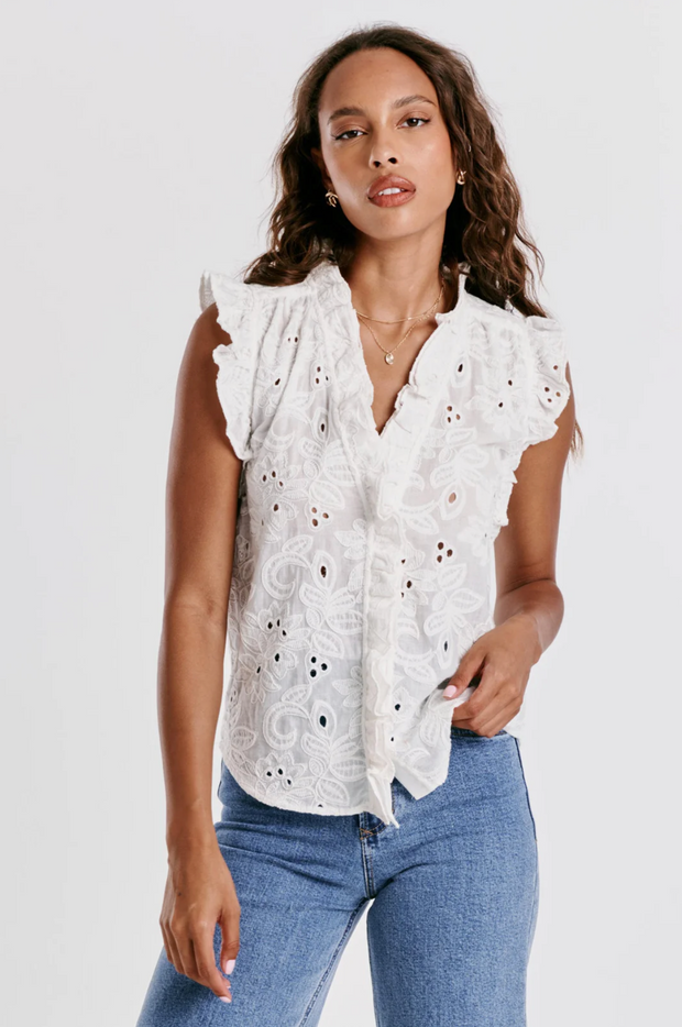Ellie White Ruffle Embroidered Top