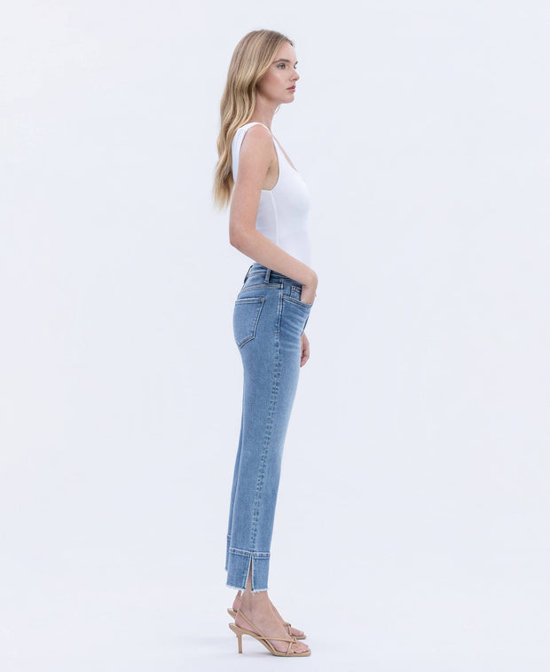 High Rise Trouser Slit Hem Cropped Kick Flare Jeans