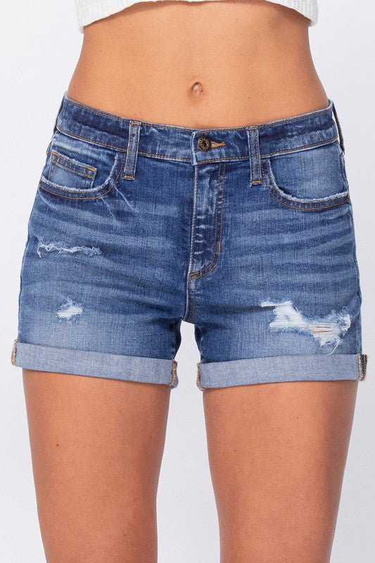 Tessa Mid Rise Distress Cuff Jean Shorts