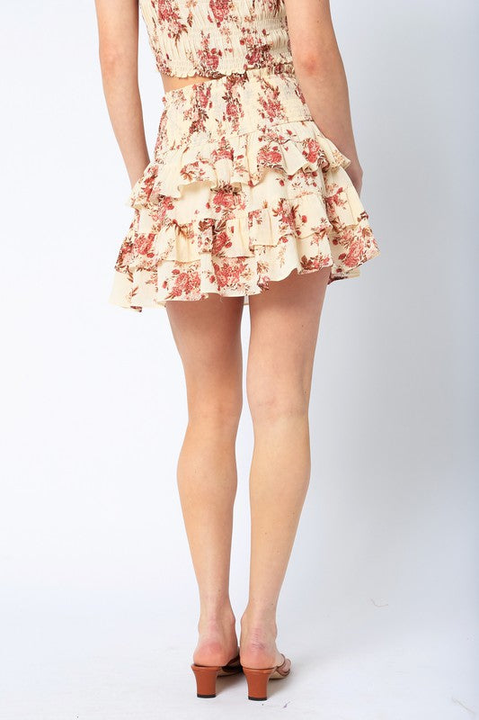 Cream Floral Ruffle Mini Skirt