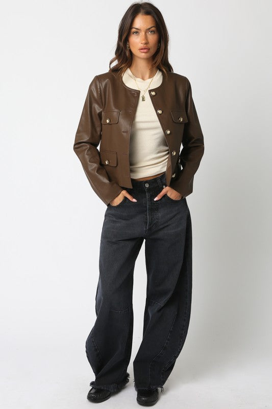 Romi Faux Leather Jacket with Gold Buttons
