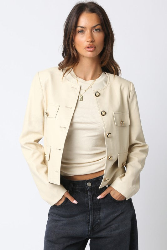 Romi Faux Leather Jacket with Gold Buttons