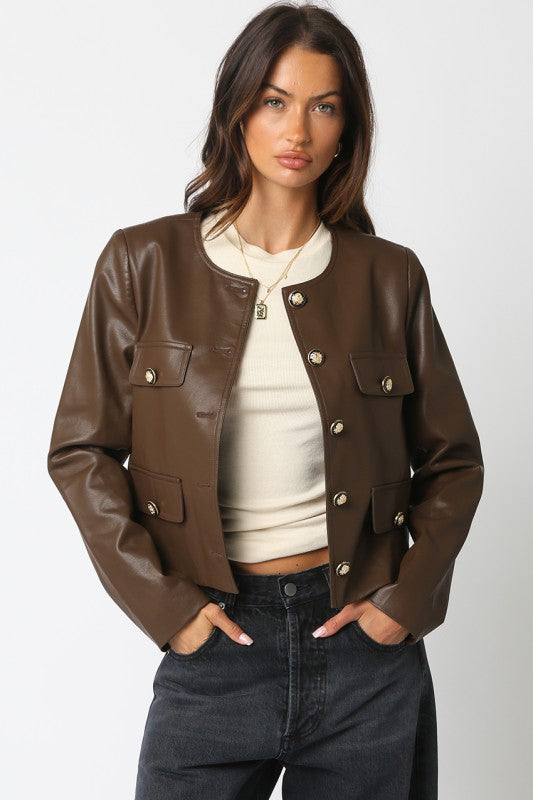 Romi Faux Leather Jacket with Gold Buttons