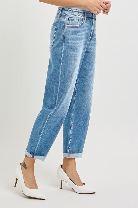 High Rise Crop Light Denim Barrel Jean with Cuff