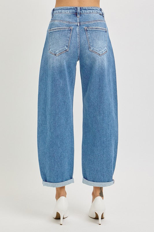 High Rise Crop Light Denim Barrel Jean with Cuff