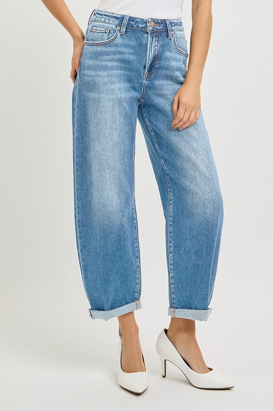High Rise Crop Light Denim Barrel Jean with Cuff