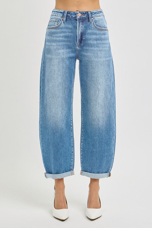 High Rise Crop Light Denim Barrel Jean with Cuff