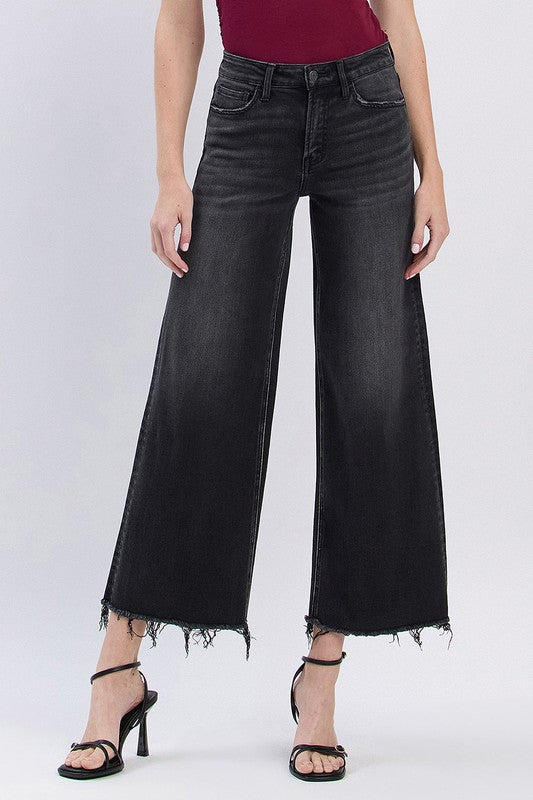 Washed Black High Rise Cropped Wide Leg Jean