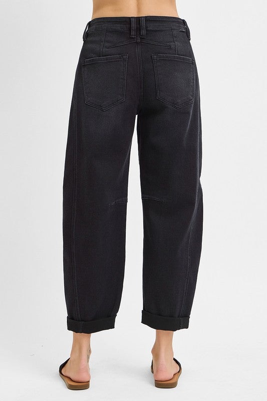 Lennox High Rise Crop Barrel Cuffed Jean - Black