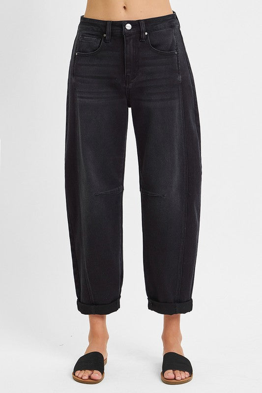 Lennox High Rise Crop Barrel Cuffed Jean - Black