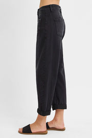 Lennox High Rise Crop Barrel Cuffed Jean - Black