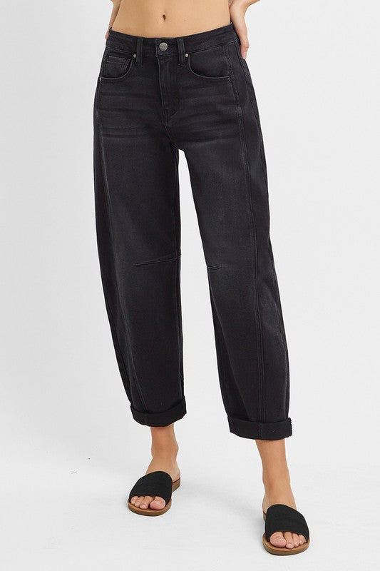 Lennox High Rise Crop Barrel Cuffed Jean - Black