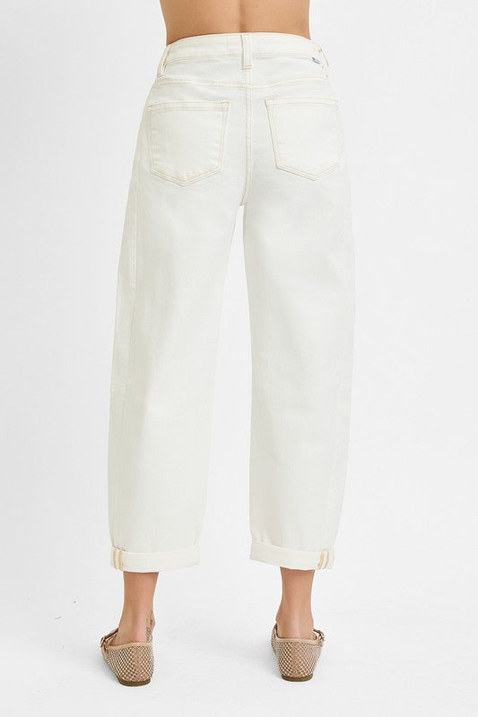 Kelsey Cream High Rise Crop Barrel Jean with Cuff