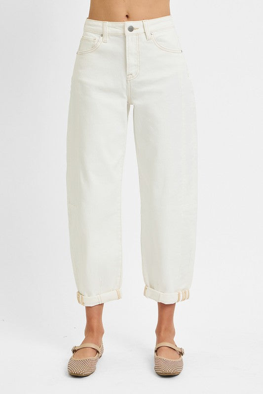 Kelsey Cream High Rise Crop Barrel Jean with Cuff
