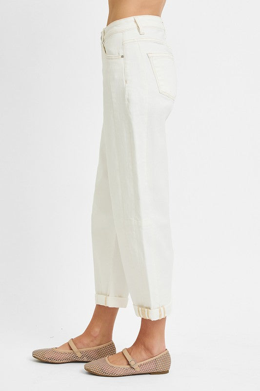 Kelsey Cream High Rise Crop Barrel Jean with Cuff