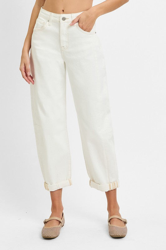 Cream High Rise Barrel Jean