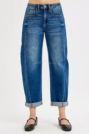 Lennox High Rise Crop Barrel Cuffed Jean - Dark Denim