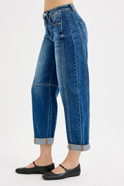 Lennox High Rise Crop Barrel Cuffed Jean - Dark Denim