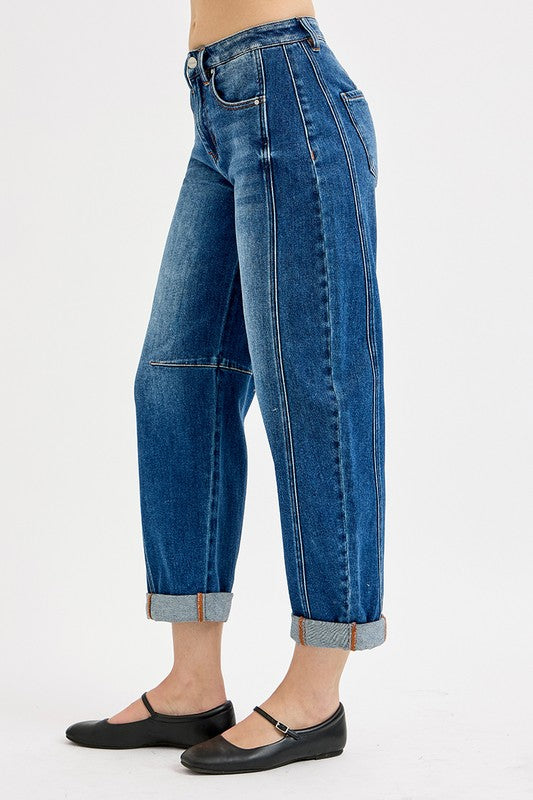 Lennox High Rise Crop Barrel Cuffed Jean - Dark Denim