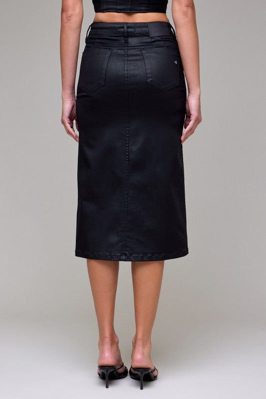 Coated High Rise Front Slit Midi Skirt