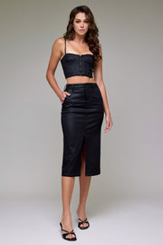 Coated High Rise Front Slit Midi Skirt