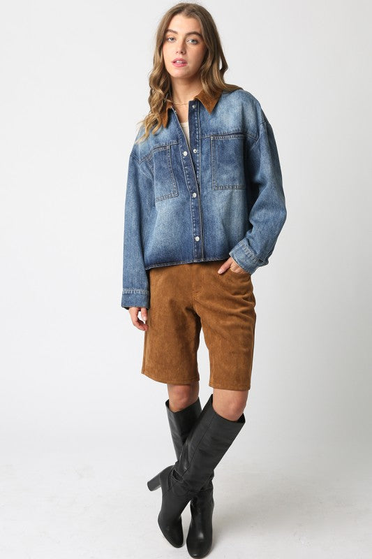 Layla Denim Shirt Jacket with Suede Collar