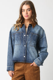 Layla Denim Shirt Jacket with Suede Collar