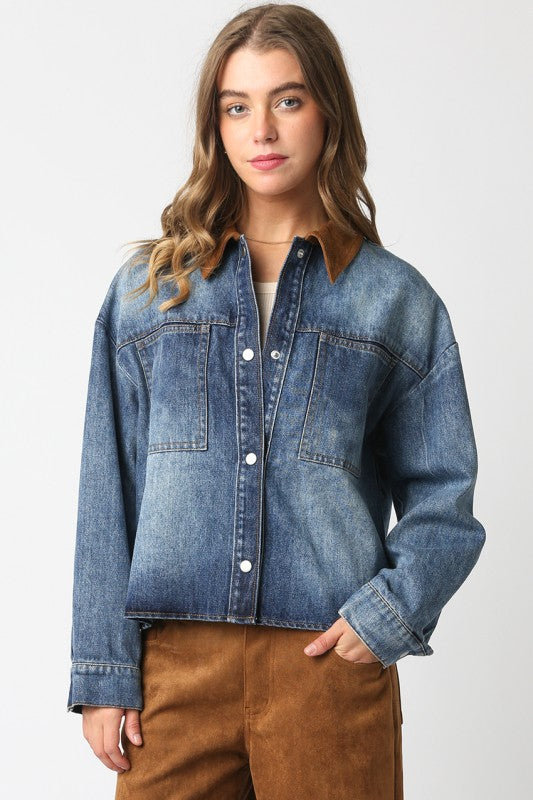 Layla Denim Shirt Jacket with Suede Collar