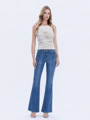 Inspire Mid Rise Pink Tuck Flare Jeans