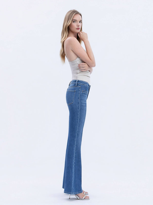 Inspire Mid Rise Pink Tuck Flare Jeans