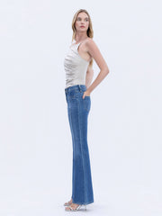 Inspire Mid Rise Pink Tuck Flare Jeans
