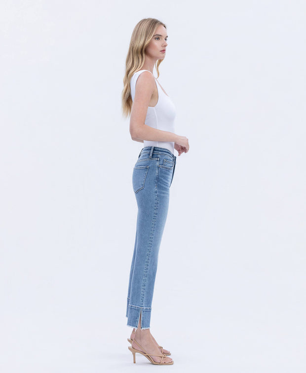 High Rise Trouser Slit Hem Cropped Kick Flare Jeans