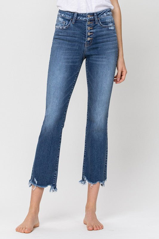 Traci High Rise Exposed Button Crop Flare Jean
