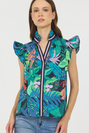 Tropical Print Sleeveless Ruffle Printed Top