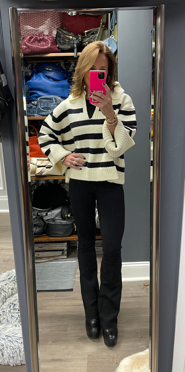 Frankie Turn Down Collar Striped Knit Sweater