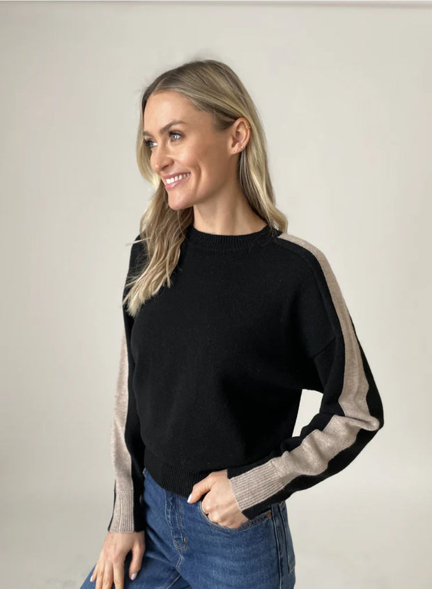 Angie Crew Neck Sweater with Striped Sleeve