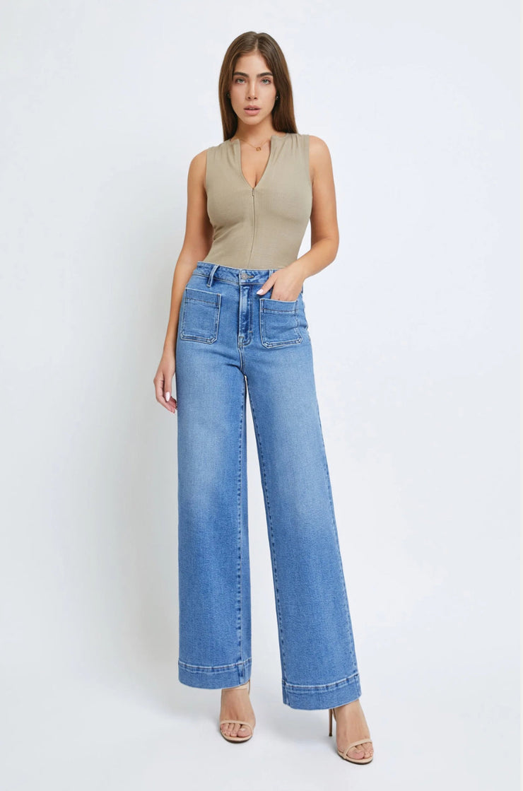 Front Pocket High Waist Wide Leg Jean