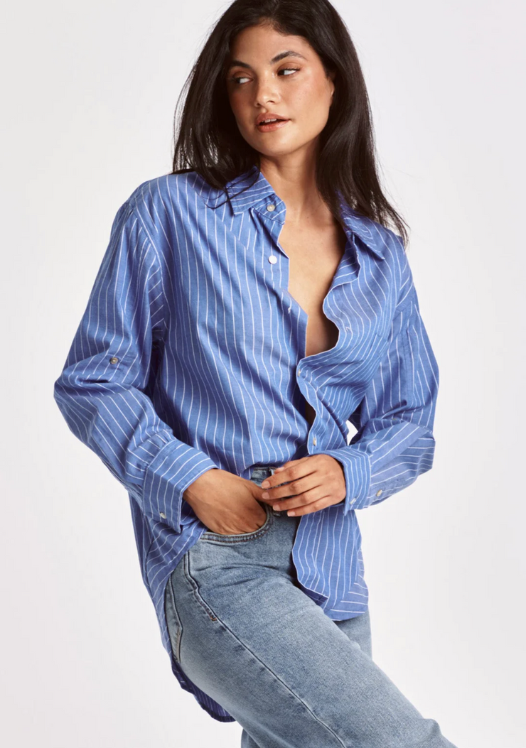 French Blue Oversized Striped Shirt