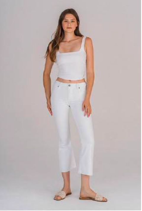 Clean Cut Mid Rise Flare Cropped White Jean