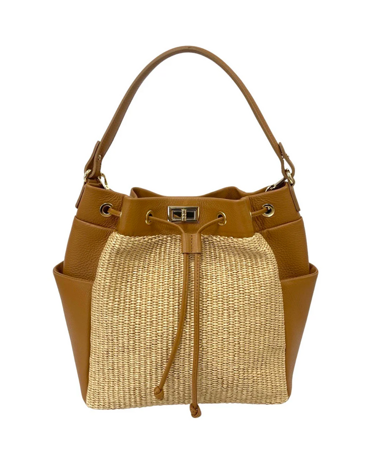 Leather & Raffia Drawstring Bag