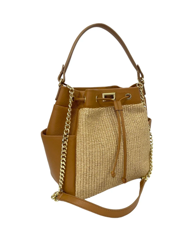 Leather & Raffia Drawstring Bag