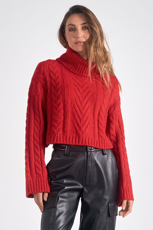 Red Cable Knit Turtleneck Sweater