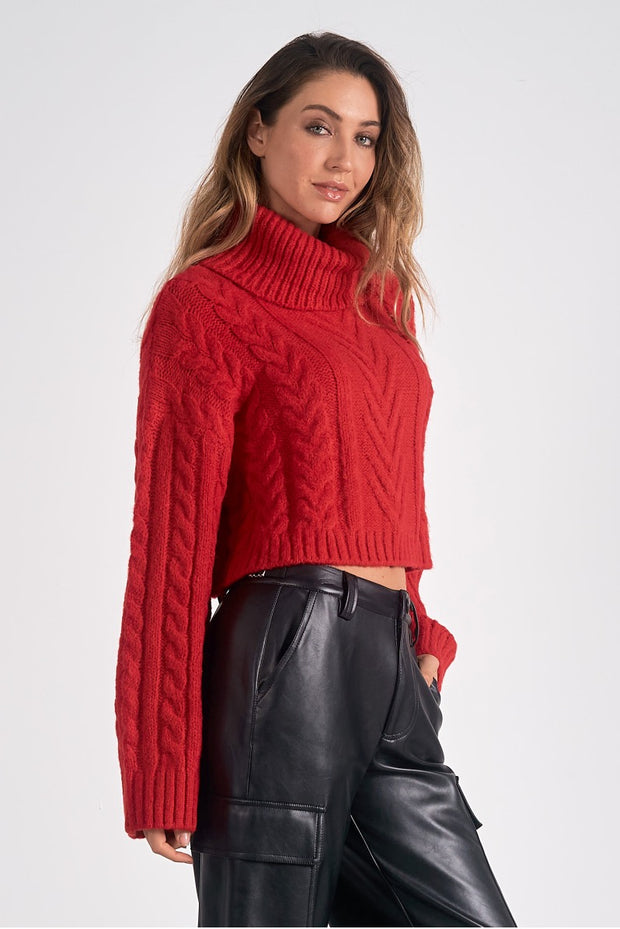 Red Cable Knit Turtleneck Sweater