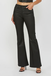 Black Classic Coated Mid Rise Flare Jean