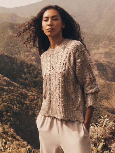 Gold Foil Distressed Cable Knit Sweater