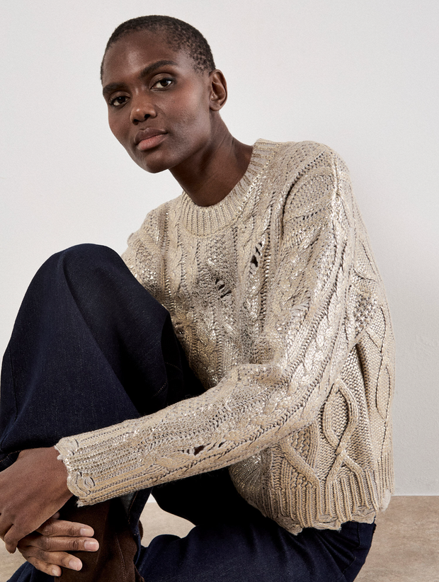Gold Foil Distressed Cable Knit Sweater