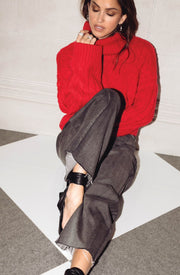 Red Cable Knit Turtleneck Sweater