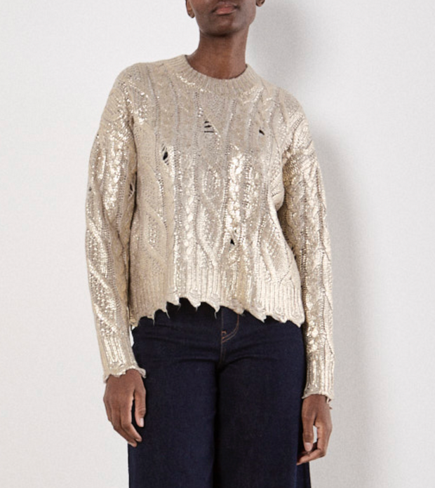 Gold Foil Distressed Cable Knit Sweater
