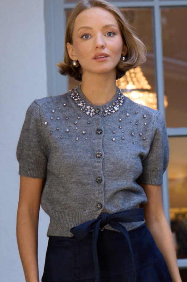 Jewel Neck Short Sleeve Cardigan