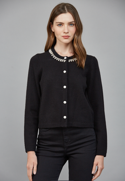 Pearl & Rhinestone Embellished Knit Cardigan